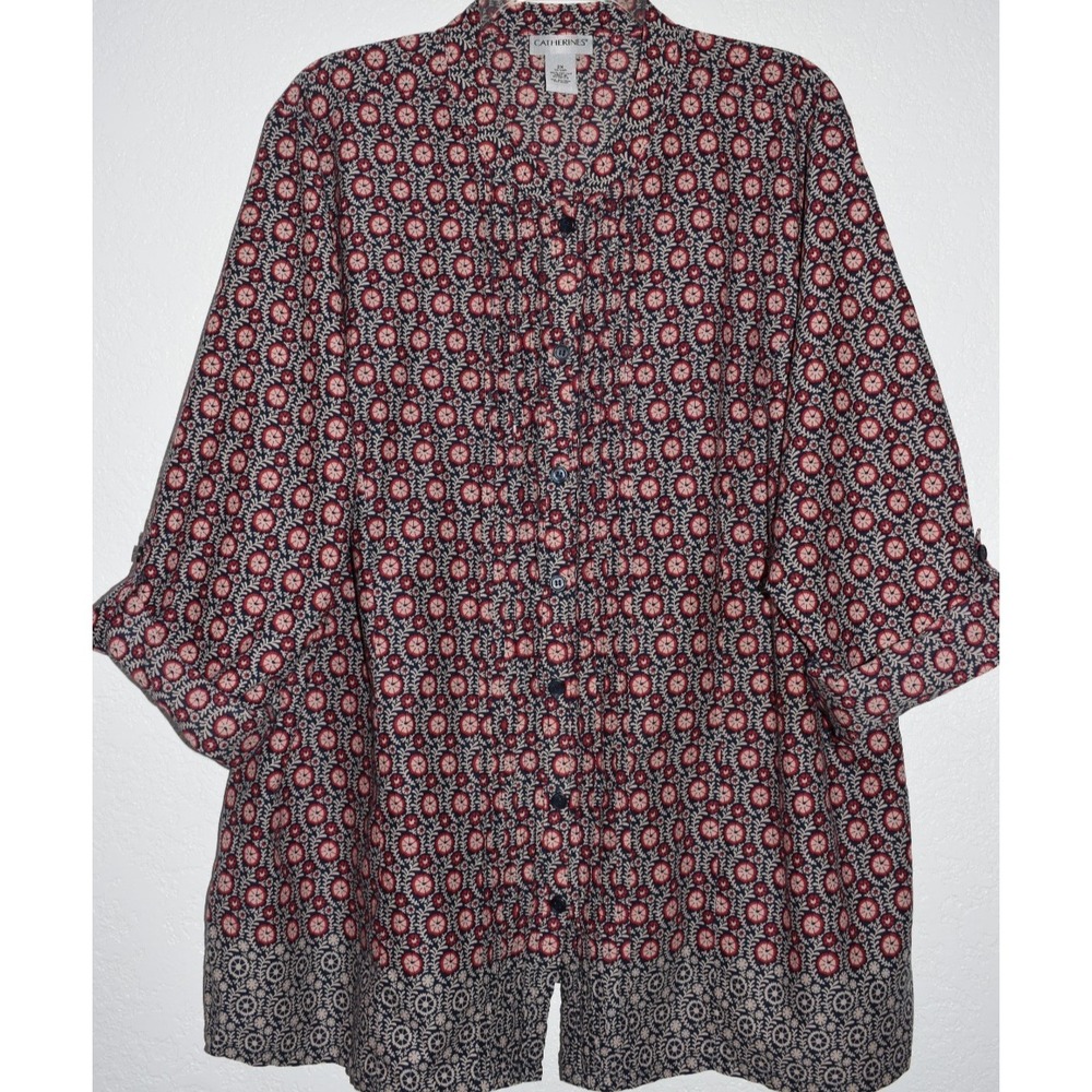Catherines 2X Button Front Shirt Boho Print Roll Tab Sleeve Lightweight Peasant